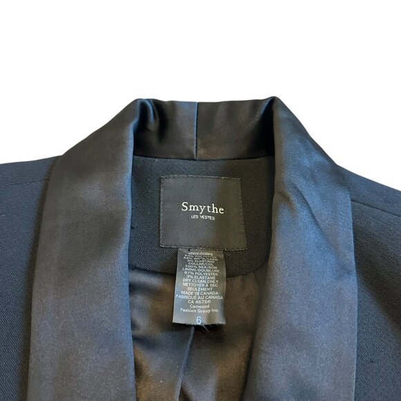 Smythe Black Wool Blend Silk Lapel Blazer Jacket 3/4 Sleeve Ruched Size 6 Womens - Picture 2 of 11
